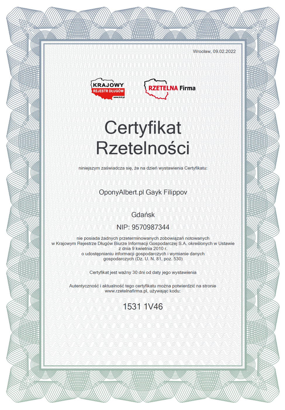 Certyfikat Rzetelna Firma